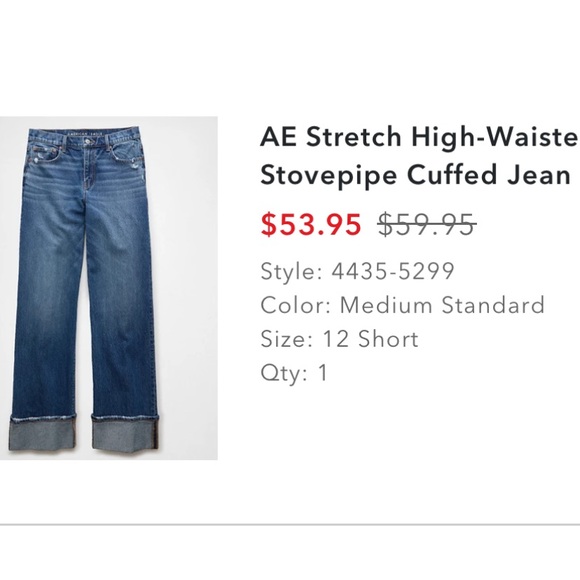 AE Stretch High-Waisted Stovepipe Cuffed Jeans- Size 12 short - Picture 1 of 3